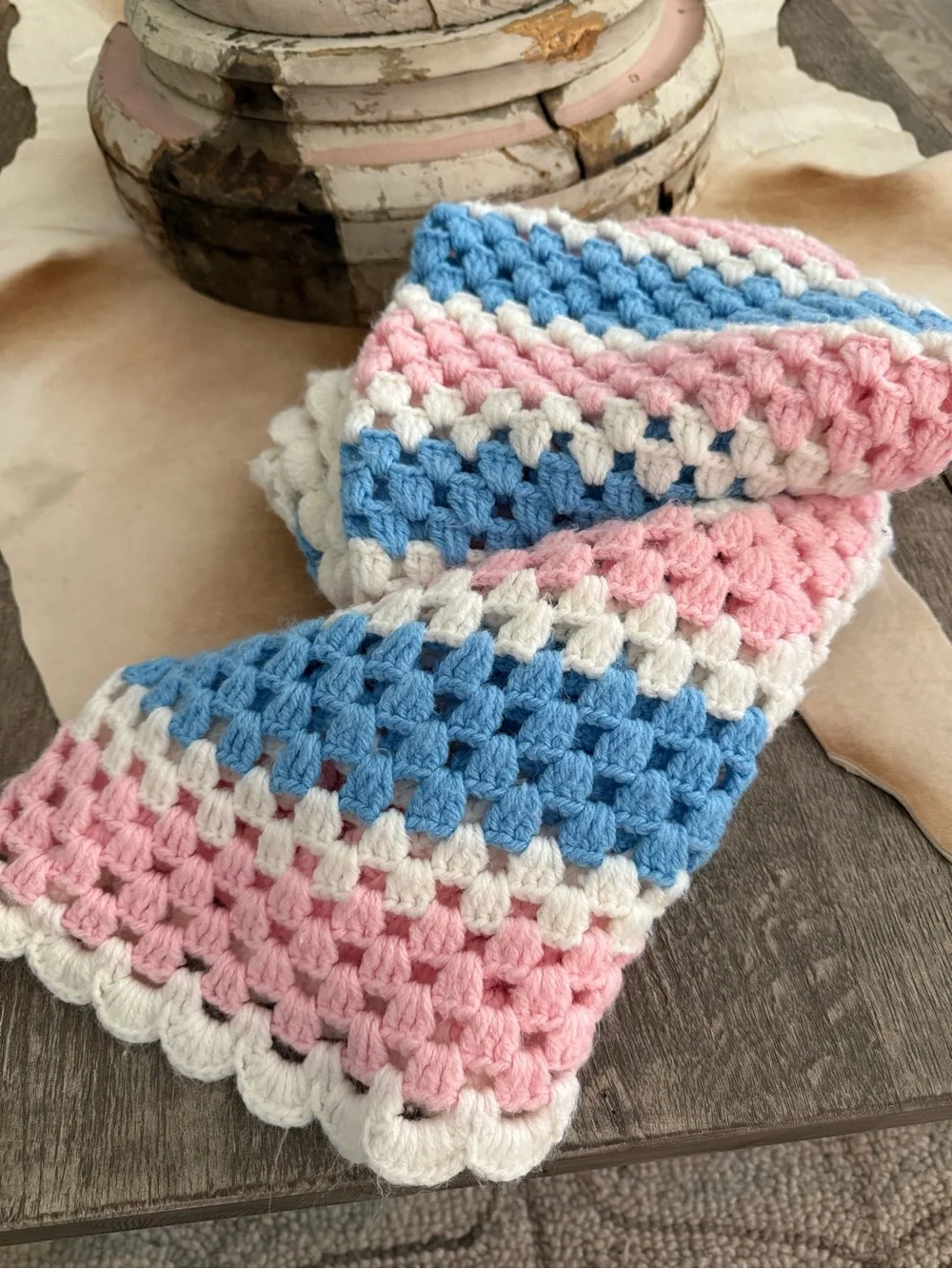 Handmade Crochet Granny Square Blanket - Pink, Blue & White